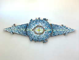 Mela M, YELLOW AND BLUE ARK OF ANGLES WITH LOST LIVES SEARCHING FOR ANSWERS, 2023, Acrylic on wood in 6 pieces, 144x46x4 in