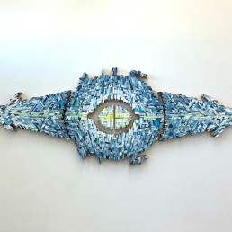 Mela M, YELLOW AND BLUE ARK OF ANGLES WITH LOST LIVES SEARCHING FOR ANSWERS, 2023, Acrylic on wood in 6 pieces, 144x46x4 in